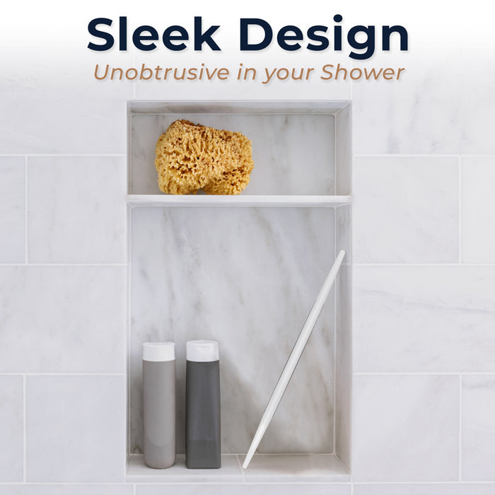Zadro ZSQ10B2C 705004424622 environment photo side view shower shelf storage with sponge and bottles with features, smooth gliding squeegee blade in front of a real life setting