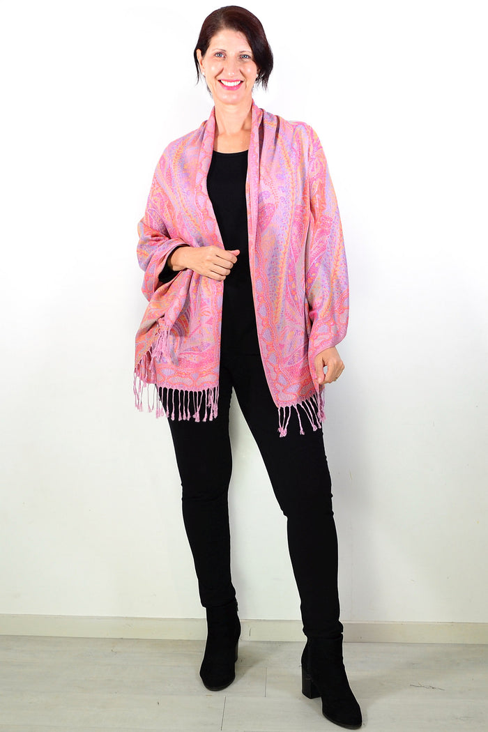 Soft pink paisley print scarf by ivys, lightweight and stylish wrap with intricate paisley design for women.
