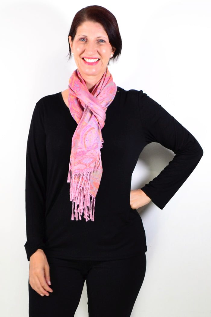 Soft pink paisley print scarf wrap by ivys, featuring a lightweight, stylish design perfect for adding a touch of elegance to any outfit.