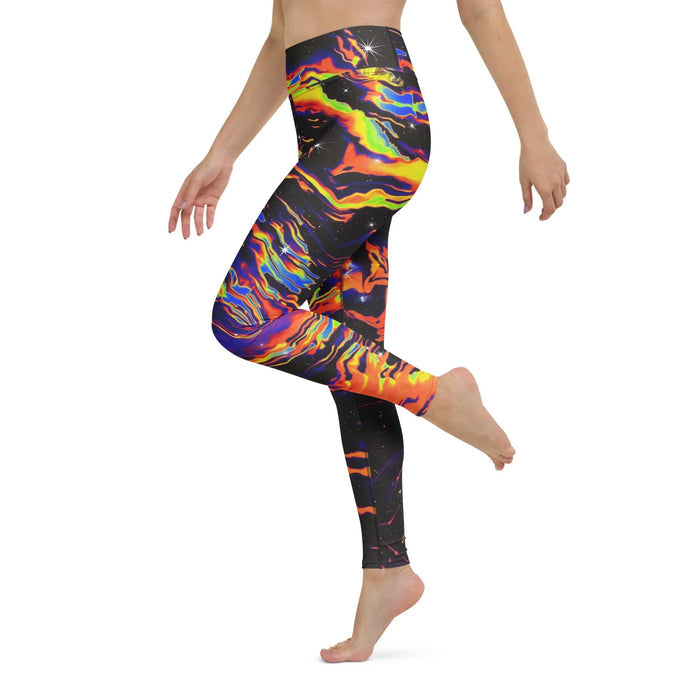 Space Drip Yoga Pants - The vertical "thermal imaging" transition of vivid tangerine orange (#FF5500), electric indigo (#4B0082), and acid lime (#CCFF00) melting against the deep abyss black (#050505) base