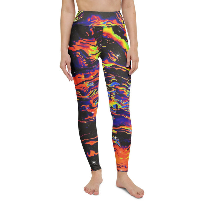 Space Drip Yoga Pants in Galactic Liquid Neon. OEKO-TEX® 100, REACH Compliant, Zero-Wastewater Printing.