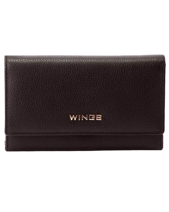 Pojemny portfel damski WINGS skórzany z ochroną RFID BLACK LEATHER COLLECTION