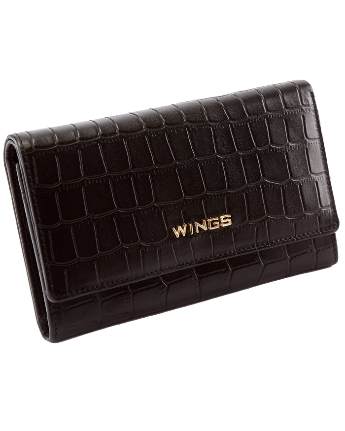 Pojemny portfel damski WINGS skórzany z ochroną RFID COCO BLACK LEATHER COLLECTION