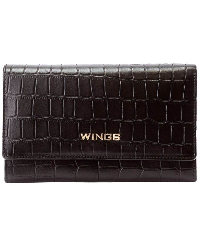 Pojemny portfel damski WINGS skórzany z ochroną RFID COCO BLACK LEATHER COLLECTION