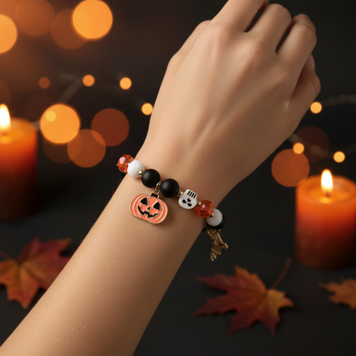 Spooky Halloween Beaded Charm Bracelet – Jack-o'-Lantern, Ghost & Bat Holiday Jewelry (CB2708)