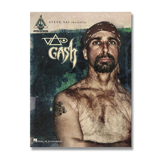 A shirtless man with a bandana and upper arm tattoo stands against a muted background. The text reads Steve Vai Brand presents: Vai/Gash Tab Book, with a Hal Leonard logo in the corner.