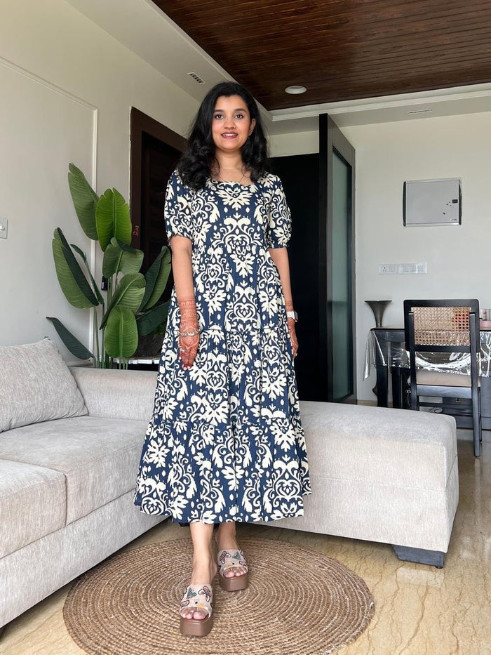 Tanvi Tiered Maxi Dress- Blue Pattern