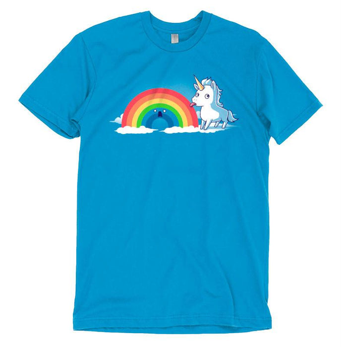 Premium Cotton T-shirt_TeeTurtle cobalt blue Tasty Rainbow. Featuring a unicorn licking a surprised rainbow.