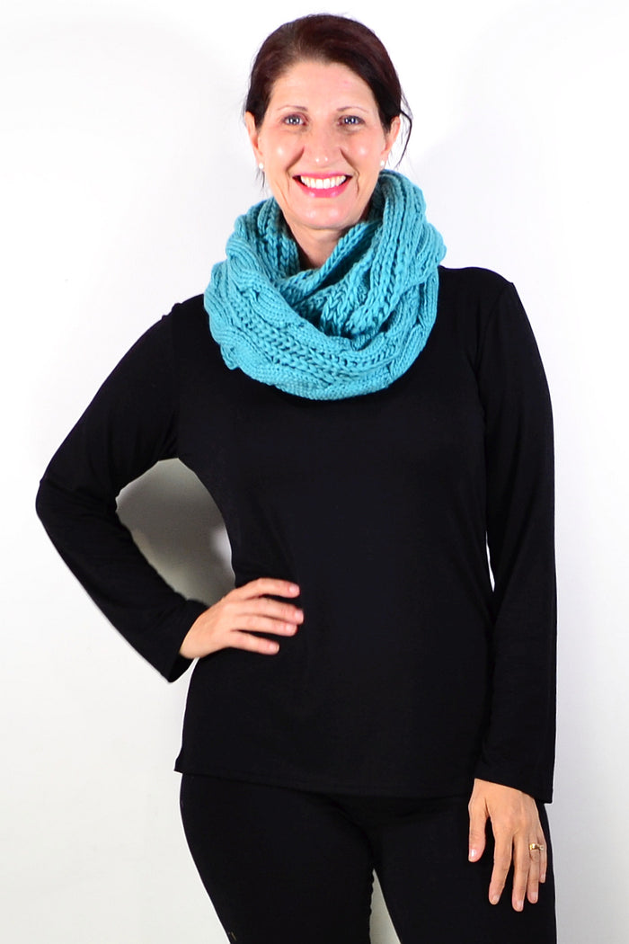 Teal infinity snood scarf by I Love Tunics, styled as a cozy, circular scarf in a vibrant teal color.