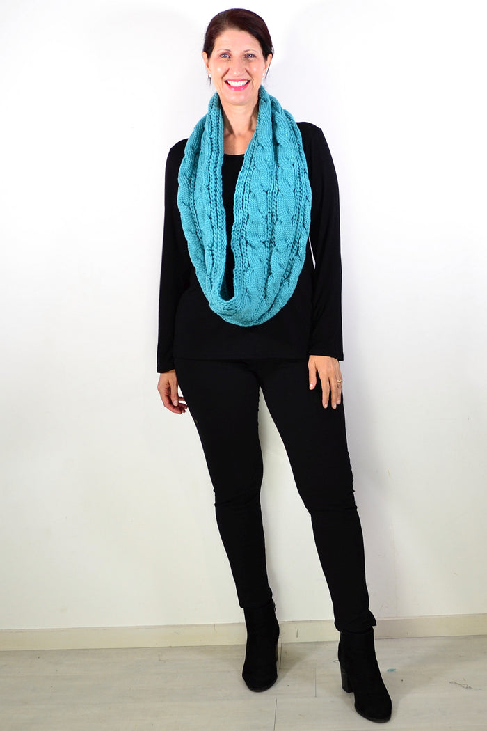 Teal infinity snood scarf by I Love Tunics, showcasing a cozy, circular scarf with a soft, textured fabric.