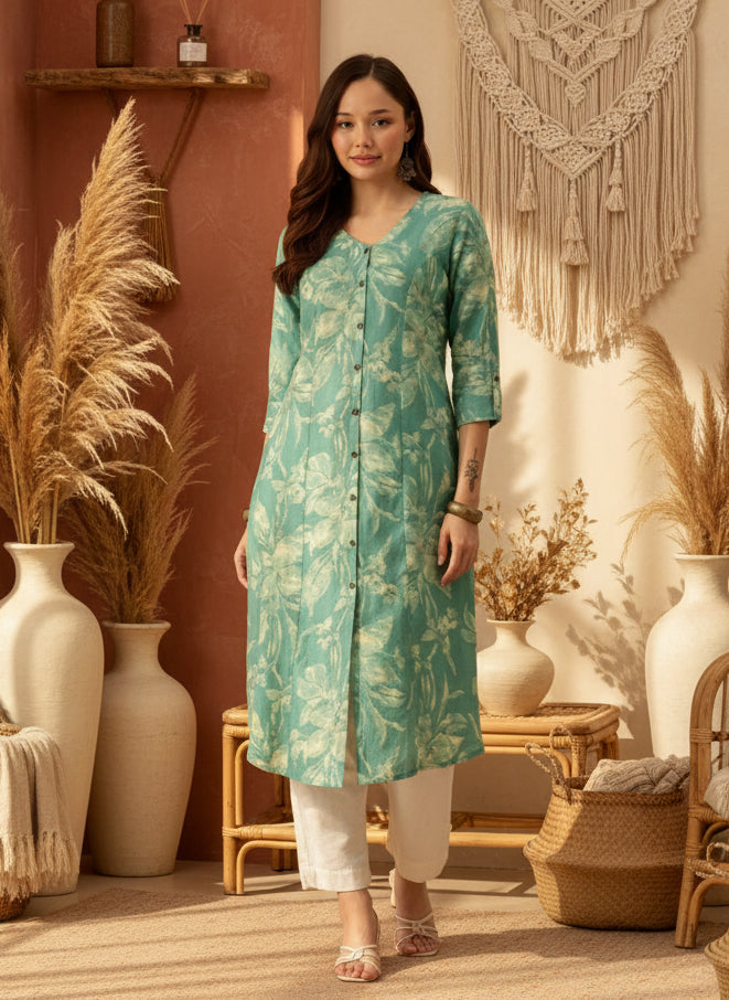 Teal Printed Kurta, Princess Cur Kurta, A-Line Kurta, Floral Print, Mandarin Collar kurta, printed kurta