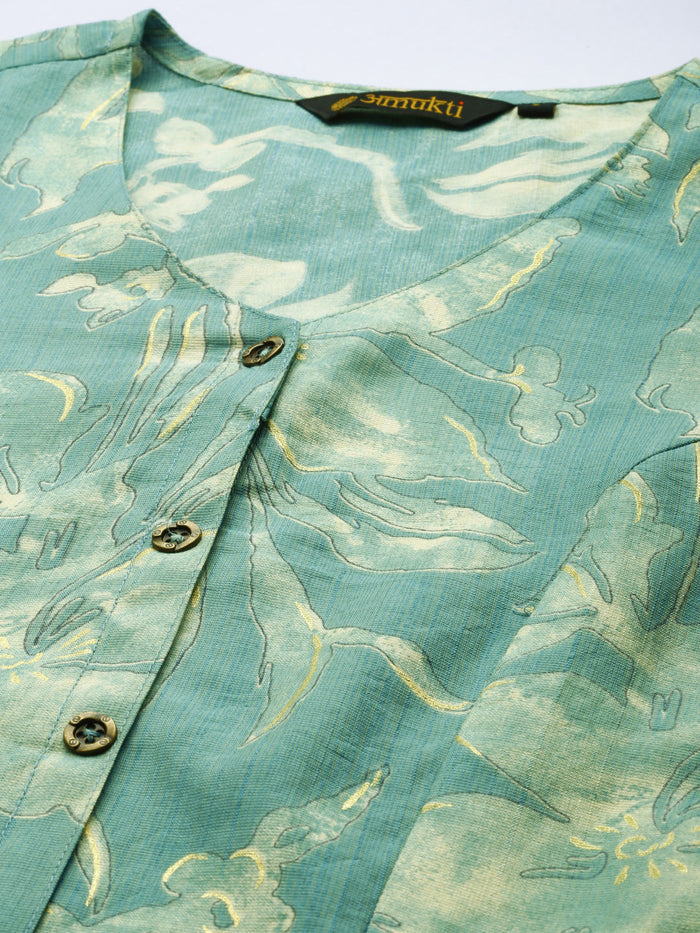 Teal Printed Kurta, Princess Cur Kurta, A-Line Kurta, Floral Print, Mandarin Collar kurta, printed kurta