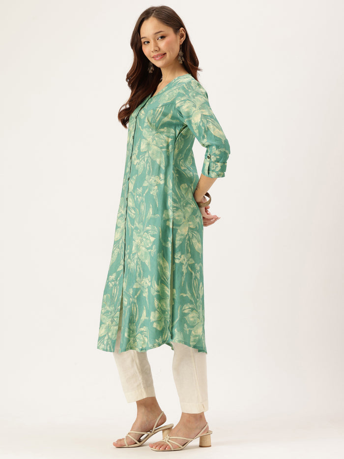 Teal Printed Kurta, Princess Cur Kurta, A-Line Kurta, Floral Print, Mandarin Collar kurta, printed kurta