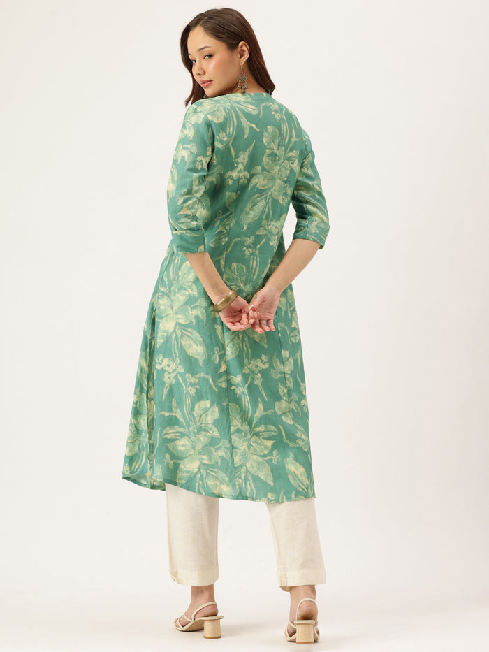 Teal Printed Kurta, Princess Cur Kurta, A-Line Kurta, Floral Print, Mandarin Collar kurta, printed kurta