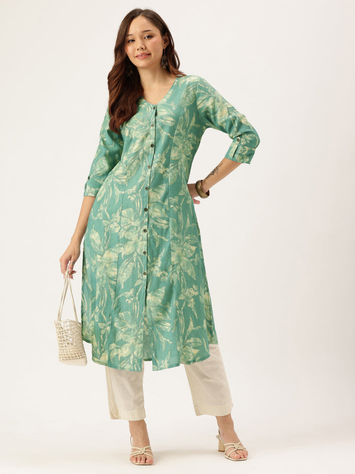 Teal Printed Kurta, Princess Cur Kurta, A-Line Kurta, Floral Print, Mandarin Collar kurta, printed kurta