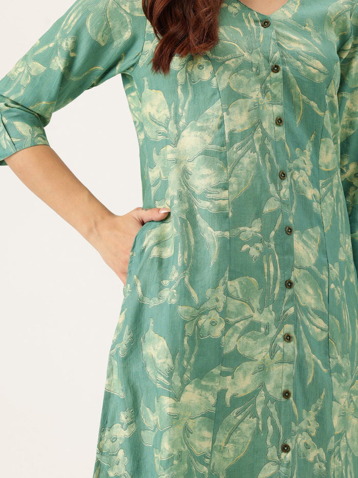 Teal Printed Kurta, Princess Cur Kurta, A-Line Kurta, Floral Print, Mandarin Collar kurta, printed kurta