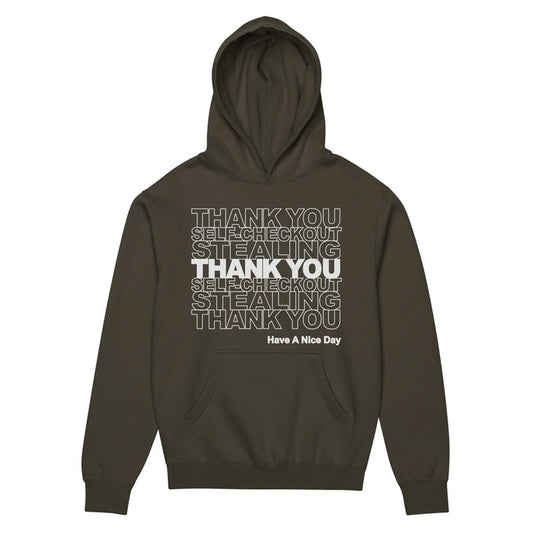 A deep dark olive loam background highlights a bold, satirical typography graphic rendered in stark porcelain white. Contact us with accessibility feedback, we'd love to help!