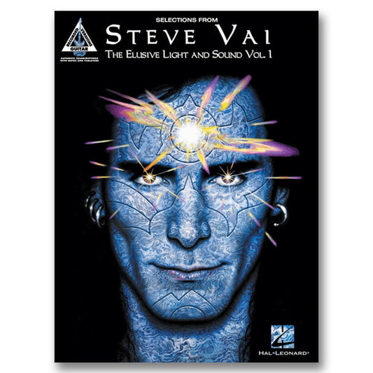 Black guitar tab book against white background. across the top in white text reads "selections from steve vai, the ellusive light and sound, vol. 1". below this is an image of steve vai's face, in the color blue, with abstract symbols and designs all over his face. his eyes have yellow sparkles in them, and the center of his forehead shines yellow and purple light.