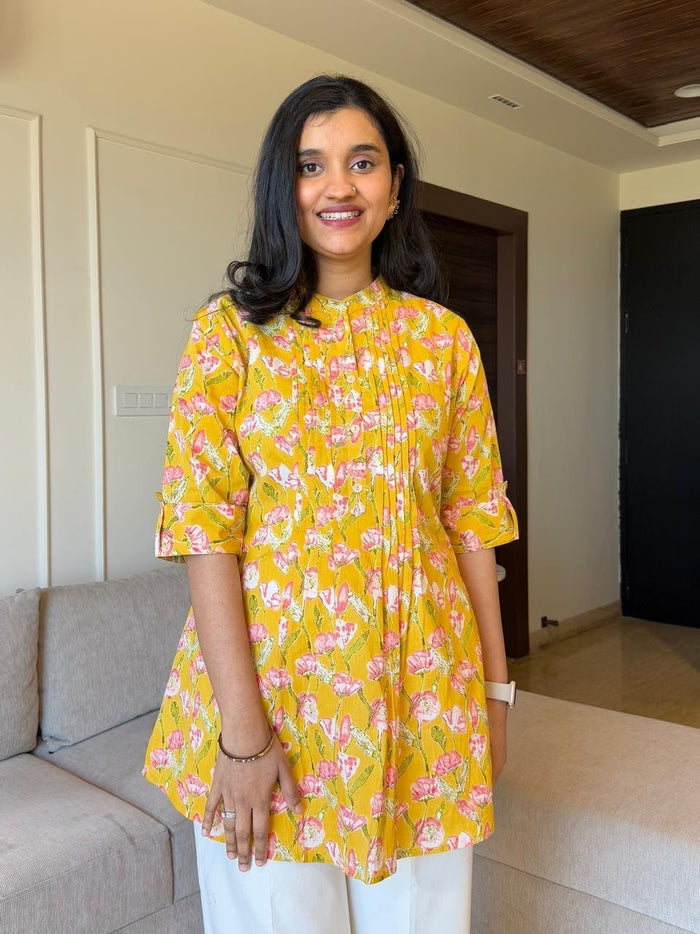 Tira Pintuck Cotton Top- Yellow Pink Florals