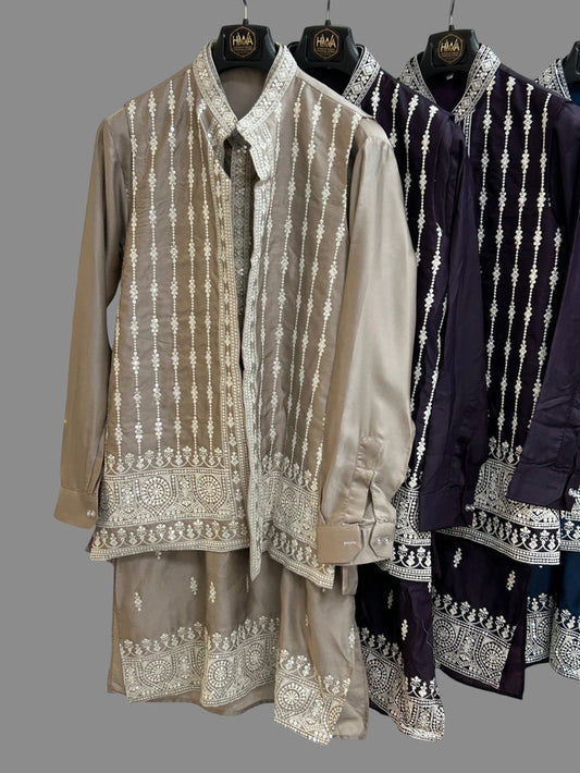 Kurti Connection USA men's traditional embroidered kurta set with a structured half jacket in purple and beige