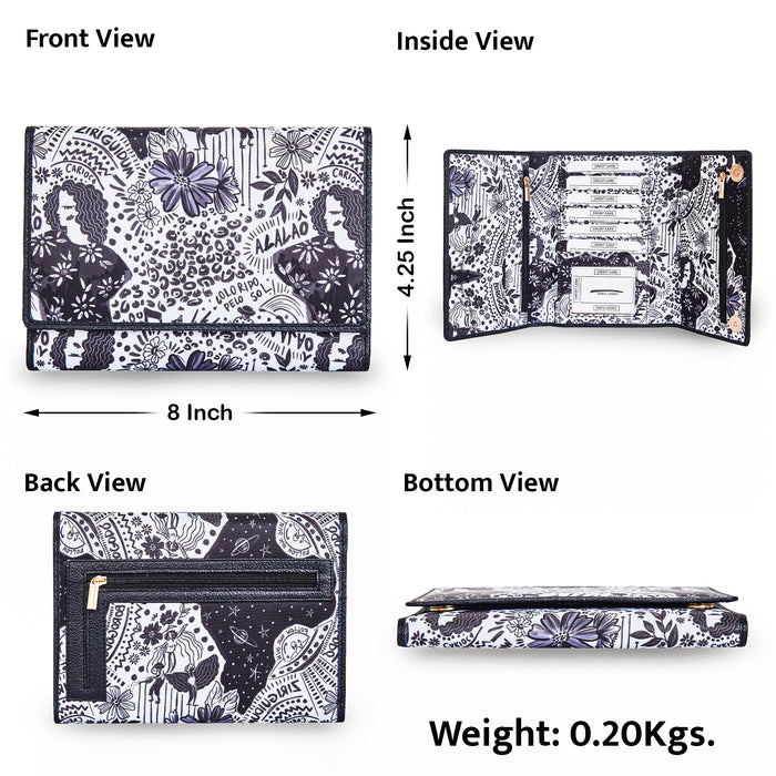 Women's black & white trifold travel wallet for daily use and trips-infographic image