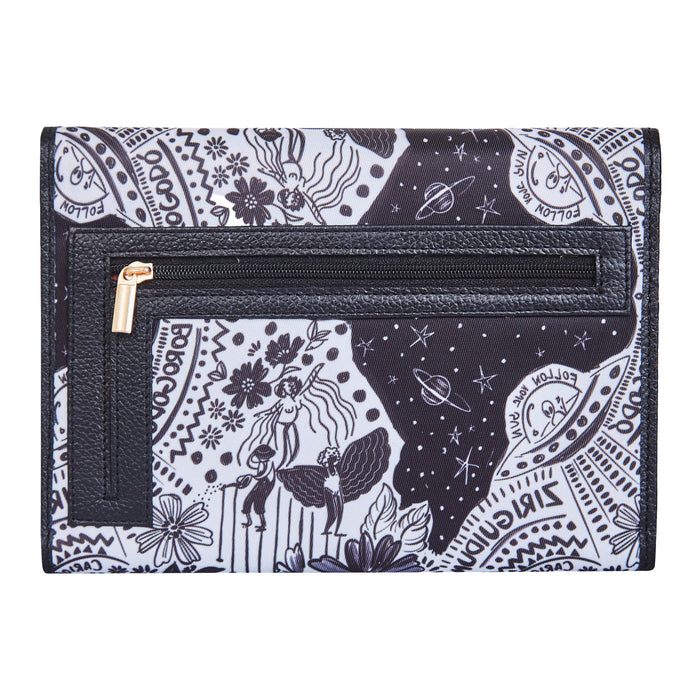 Women's black & white trifold travel wallet for daily use and trips-back view