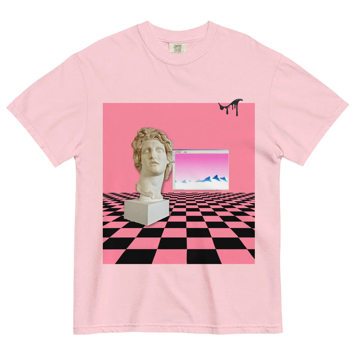 Centered on a soft Millennial Blush base, a surrealist graphic combines classical art with retro computing nostalgia. Contact us with accessibility feedback, we'd love to help!