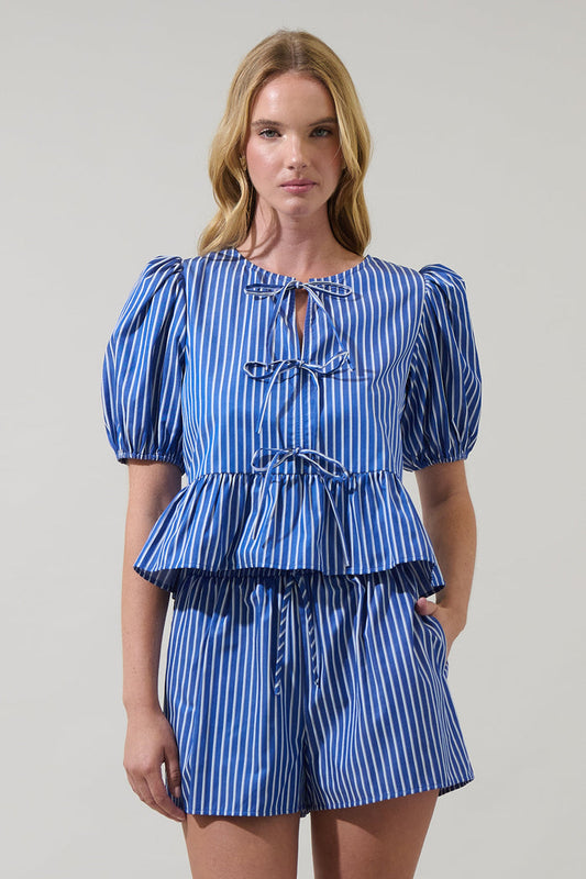 Vester Striped Pedra Bow Puff Sleeve Top
