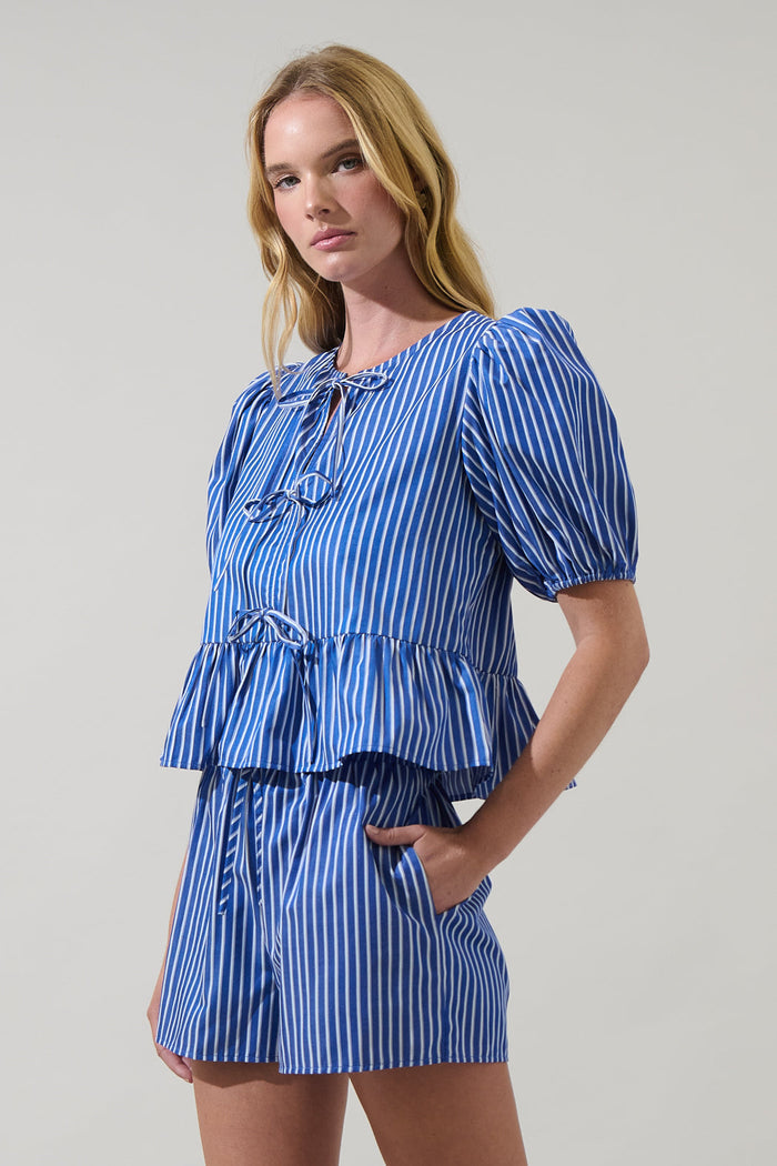 Vester Striped Pedra Bow Puff Sleeve Top