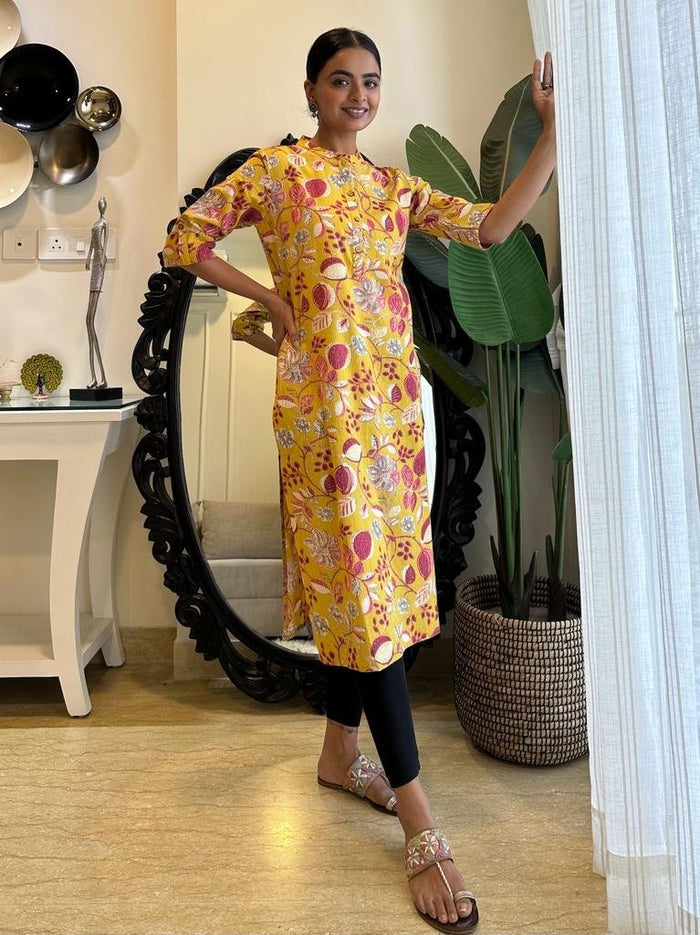 Weekend Cotton Kurta- Yellow Big Floral Bel