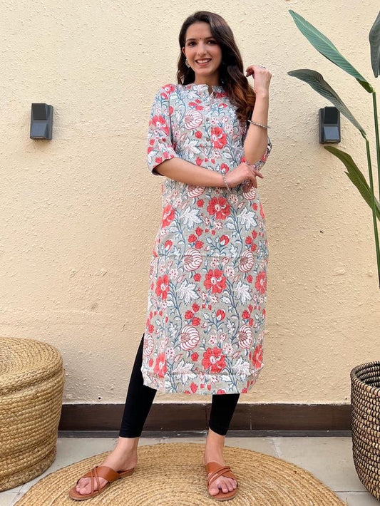 Weekend Offer Cotton Kurta- Grey Big Floral