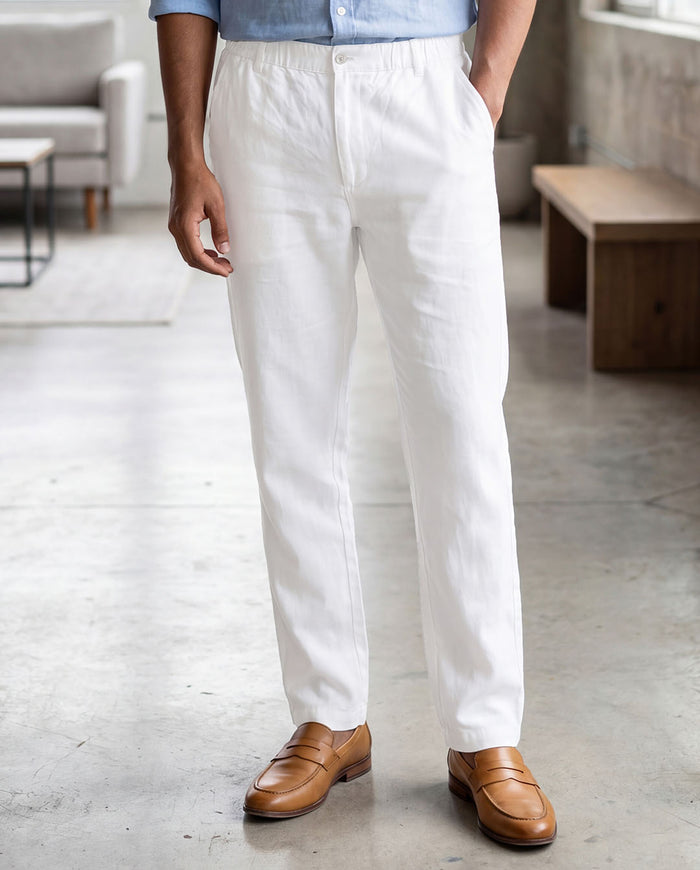 White Casual Linen Pants For Men