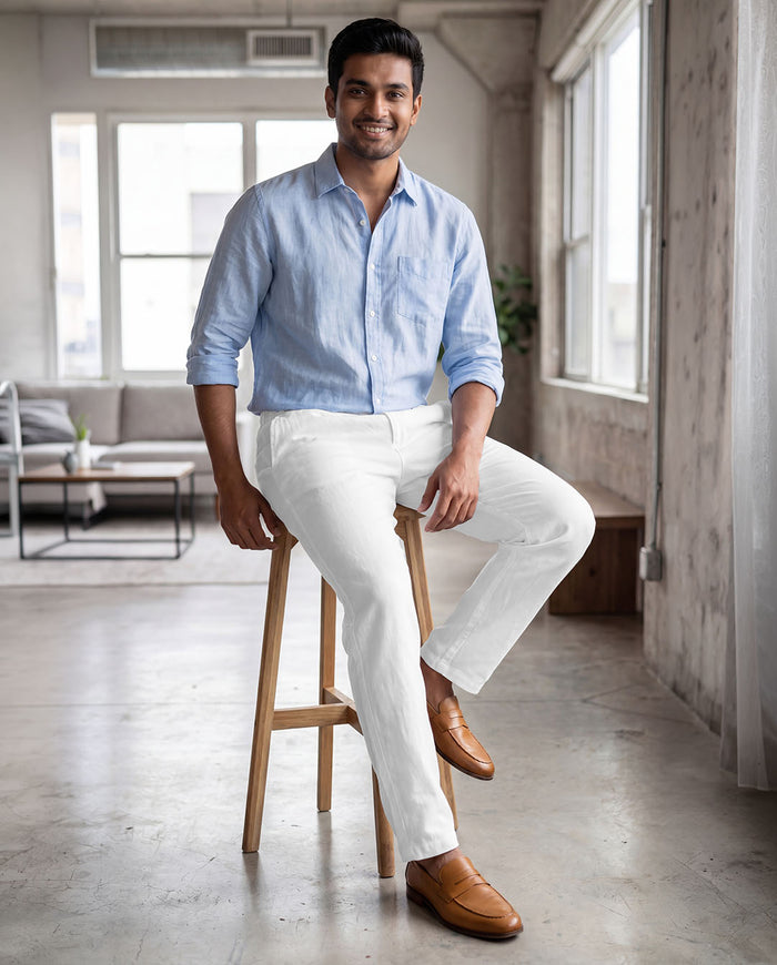 White Casual Linen Pants For Men