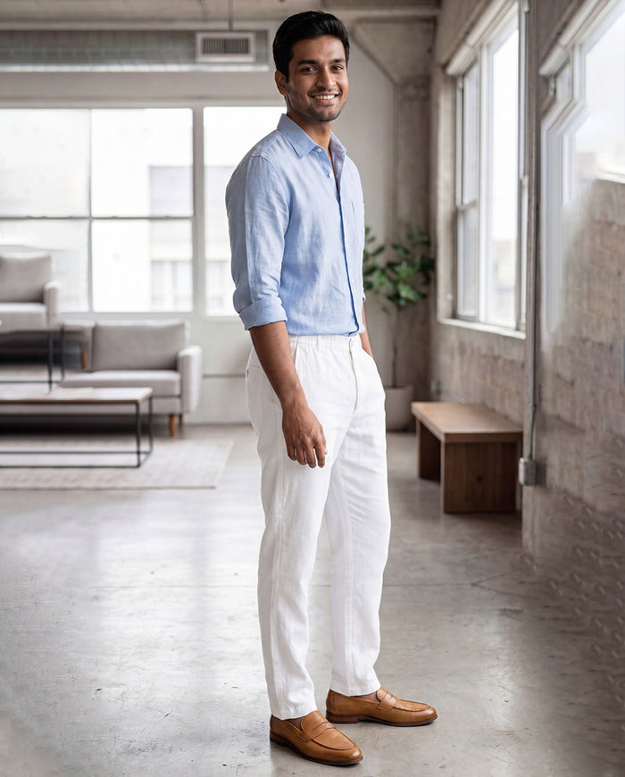 White Casual Linen Pants For Men