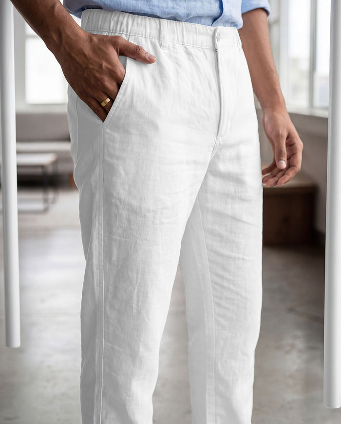 White Casual Linen Pants For Men