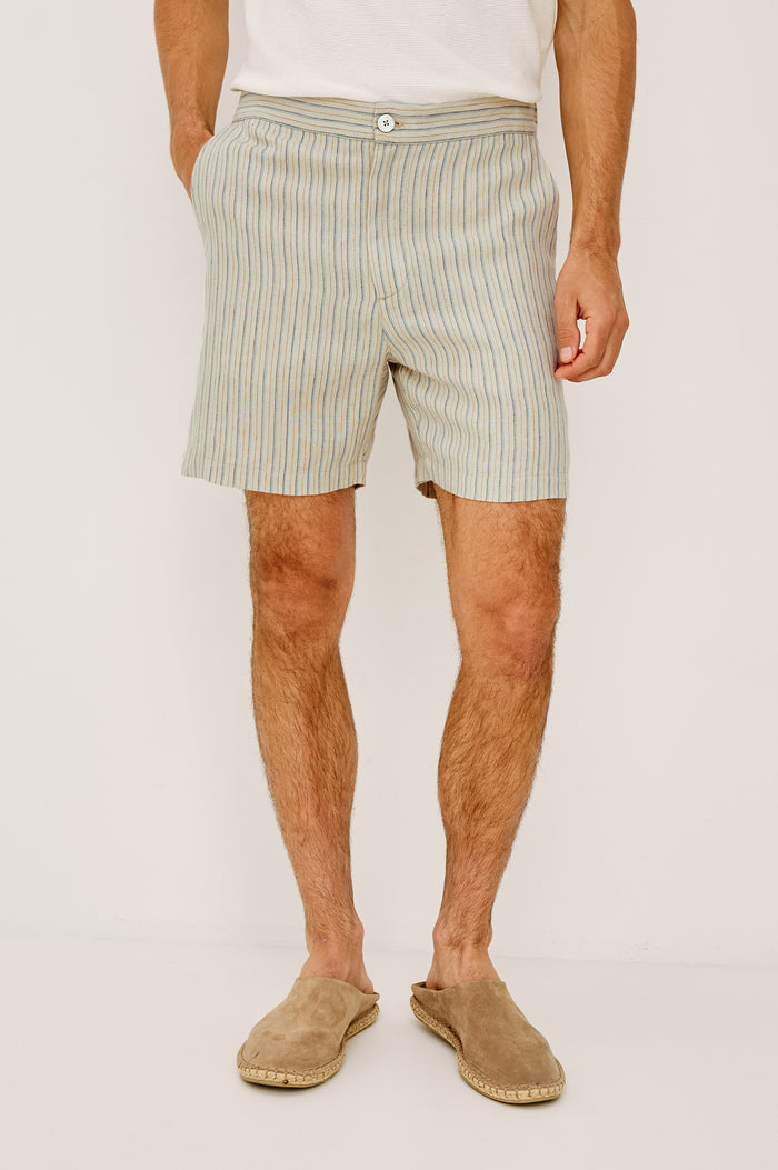 Wilson Short in Linen With a Straight Fit, Clean Front Waistband, Elasticated Back, Front Zip Fly, and Side Pockets in Ecru Multi Stripe Colorway - Lower Body Front View Featured on Model