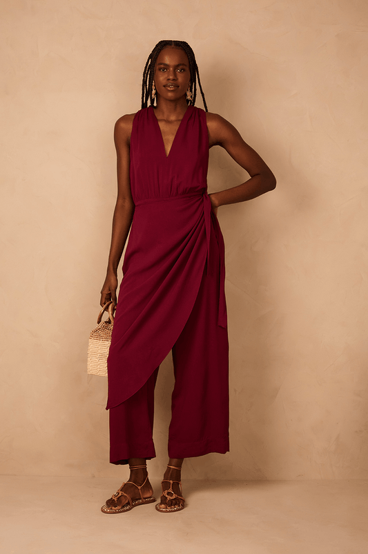 Wine Bossa Draped V Neck Wrap Crepe Jumpsuit_1