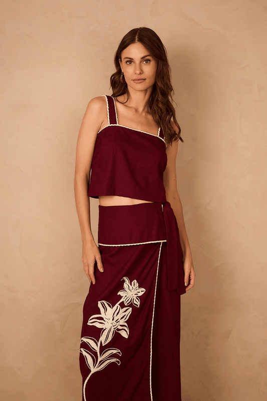 Wine Bossa Square Neck Crochet Trim Linen Crop Top_1