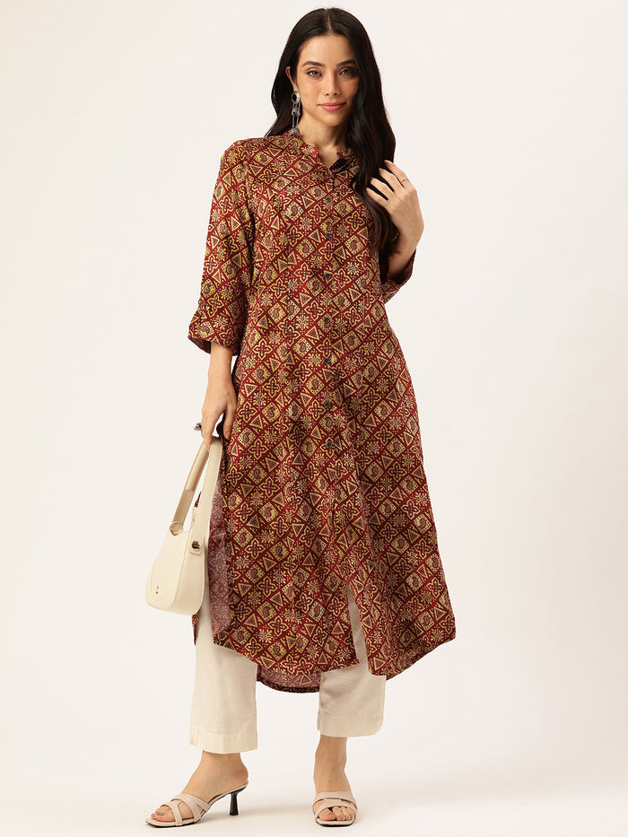 Wine Geometric Printed Kurta, Princess Cur Kurta, A-Line Kurta, Geometric Print, Mandarin Collar kurta, printed kurta