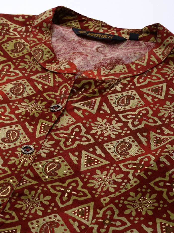 Wine Geometric Printed Kurta, Princess Cur Kurta, A-Line Kurta, Geometric Print, Mandarin Collar kurta, printed kurta
