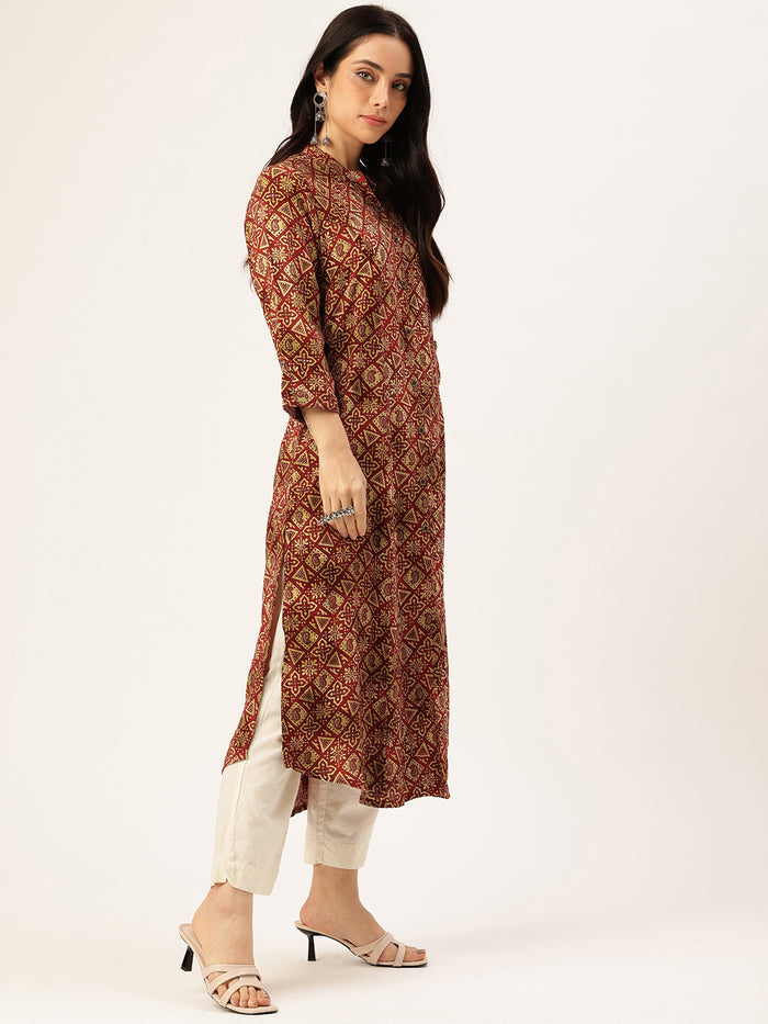 Wine Geometric Printed Kurta, Princess Cur Kurta, A-Line Kurta, Geometric Print, Mandarin Collar kurta, printed kurta