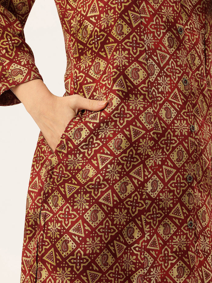 Wine Geometric Printed Kurta, Princess Cur Kurta, A-Line Kurta, Geometric Print, Mandarin Collar kurta, printed kurta