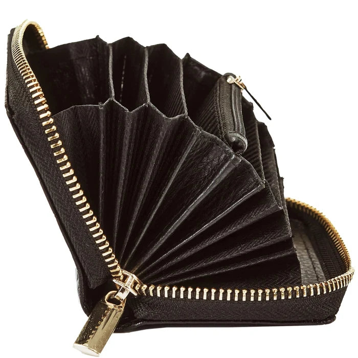 WINGS Mały portfel damski ze skóry naturalnej zapinany na zamek CROCO BLACK LEATHER COLLECTION
