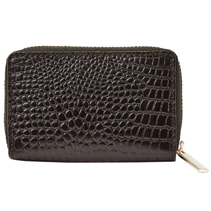 WINGS Mały portfel damski ze skóry naturalnej zapinany na zamek CROCO BLACK LEATHER COLLECTION