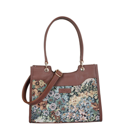 Women's botanical tapestry leather trim crossbody satchel bag — verdant leaves and flowing garden stems, sishka.ca