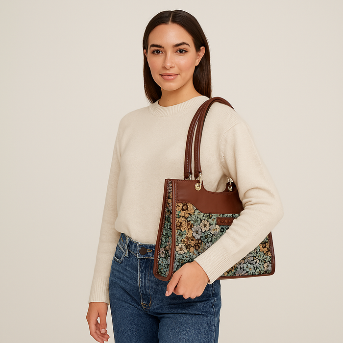 Women's botanical tapestry leather trim crossbody satchel bag — verdant leaves and flowing garden stems, sishka.ca-model image