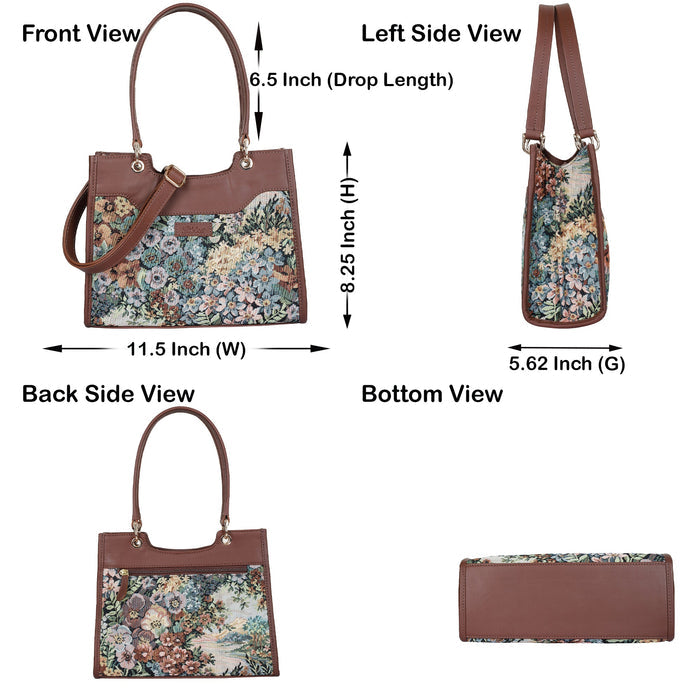 Women's botanical tapestry leather trim crossbody satchel bag — verdant leaves and flowing garden stems, sishka.ca-infographic image