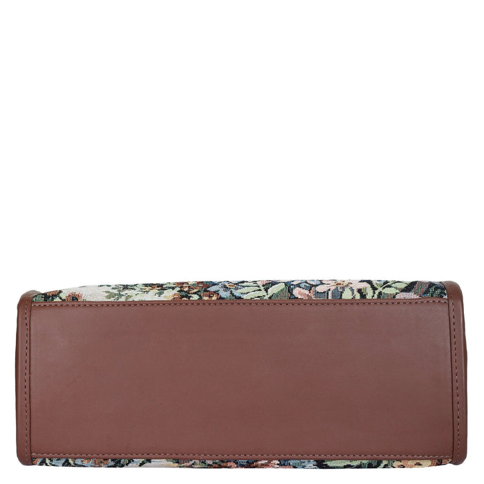 Women's botanical tapestry leather trim crossbody satchel bag — verdant leaves and flowing garden stems, sishka.ca-bottom image