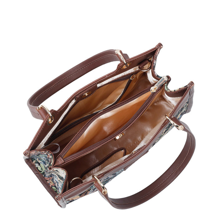 Women's botanical tapestry leather trim crossbody satchel bag — verdant leaves and flowing garden stems, sishka.ca-interior view