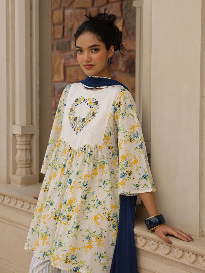 Women's Cotton Floral Embroidered Farshi Kurta Set With Dupatta